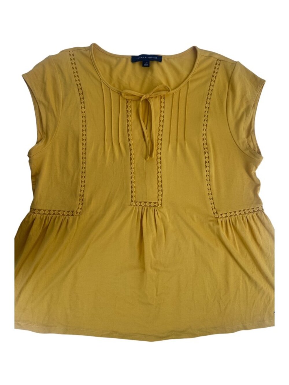 Tommy Hilfiger Blouse Large Mustard Yellow Peplum Crochet Lace Knit Boho NWOT - Picture 7 of 8